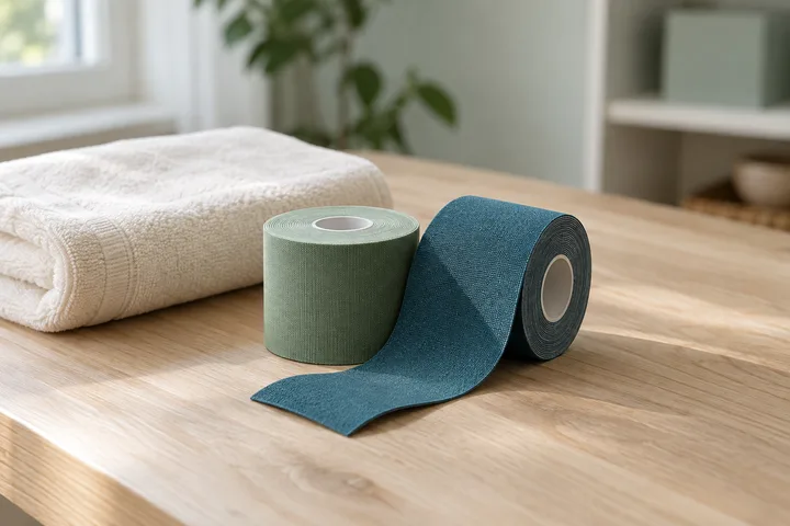 Rollos de kinesiotape en tonos verde salvia y azul petróleo junto a una toalla sobre una mesa de madera